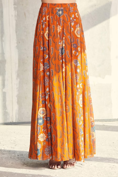 Diyarajvvir_Orange Georgette Floral Motifs V Neck Print Lehenga Set _at_Aza_Fashions