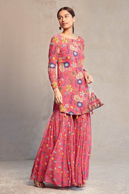 Buy_Diyarajvvir_Pink Georgette Floral Motifs Boat Embroidered Kurta And Gharara Set _Online_at_Aza_Fashions