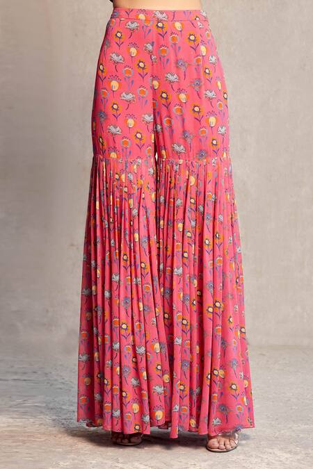 Diyarajvvir_Pink Georgette Floral Motifs Boat Embroidered Kurta And Gharara Set _at_Aza_Fashions