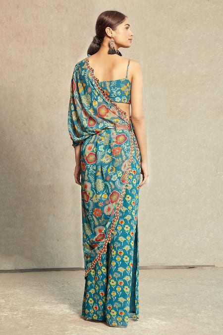 Shop Diyarajvvir Blue Georgette Floral Asymmetric Print Kaftan And Pant Set at Aza Fashions Shop_Diyarajvvir_Blue Georgette Floral Asymmetric Print Kaftan And Pant Set _at_Aza_Fashions