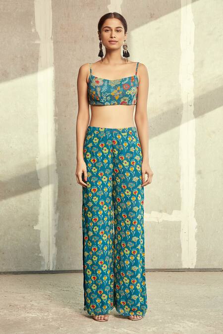 Diyarajvvir Blue Georgette Floral Asymmetric Print Kaftan And Pant Set Online at Aza Fashions Diyarajvvir_Blue Georgette Floral Asymmetric Print Kaftan And Pant Set _Online_at_Aza_Fashions