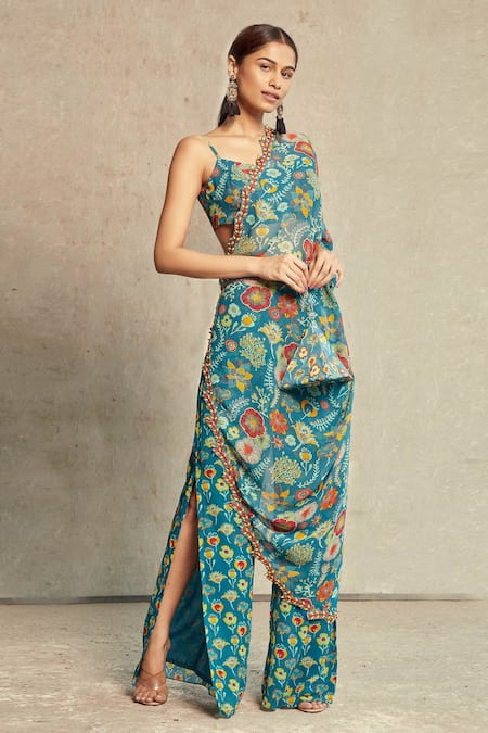 Buy Diyarajvvir Blue Georgette Floral Asymmetric Print Kaftan And Pant Set Online at Aza Fashions Buy_Diyarajvvir_Blue Georgette Floral Asymmetric Print Kaftan And Pant Set _Online_at_Aza_Fashions