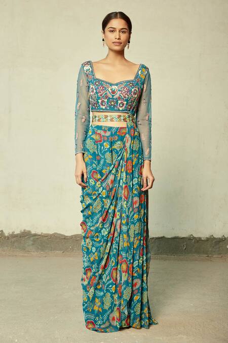 Diyarajvvir Blue Georgette, Cotton Silk Floral V Neck Print Sharara Saree Set Online at Aza Fashions Diyarajvvir_Blue Georgette, Cotton Silk Floral V Neck Print Sharara Saree Set _Online_at_Aza_Fashions