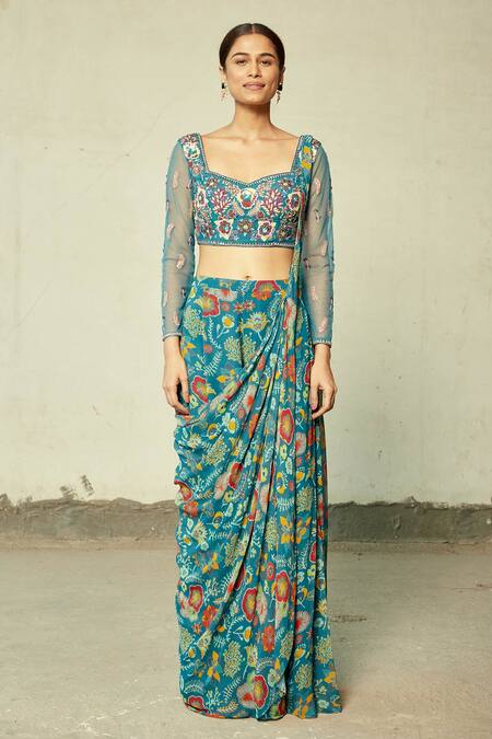 Shop Diyarajvvir Blue Georgette, Cotton Silk Floral V Neck Print Sharara Saree Set Online at Aza Fashions Shop_Diyarajvvir_Blue Georgette, Cotton Silk Floral V Neck Print Sharara Saree Set _Online_at_Aza_Fashions