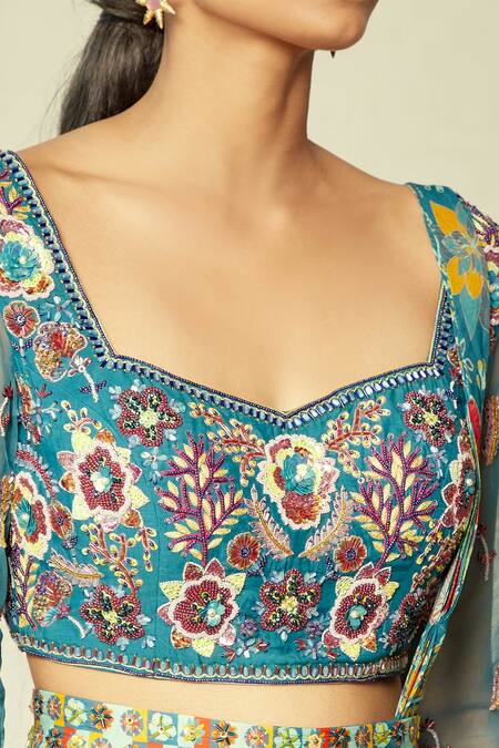 Diyarajvvir Blue Georgette, Cotton Silk Floral V Neck Print Sharara Saree Set at Aza Fashions Diyarajvvir_Blue Georgette, Cotton Silk Floral V Neck Print Sharara Saree Set _at_Aza_Fashions