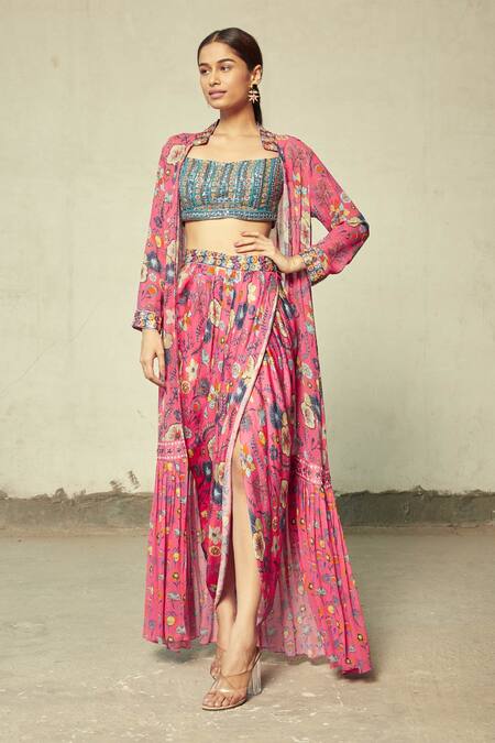 Diyarajvvir Pink Georgette, Cotton Silk, Modal Floral Open Print Cape And Dhoti Skirt Set Online at Aza Fashions Diyarajvvir_Pink Georgette, Cotton Silk, Modal Floral Open Print Cape And Dhoti Skirt Set _Online_at_Aza_Fashions