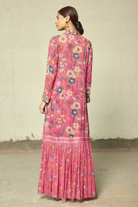Shop Diyarajvvir Pink Georgette, Cotton Silk, Modal Floral Open Print Cape And Dhoti Skirt Set at Aza Fashions Shop_Diyarajvvir_Pink Georgette, Cotton Silk, Modal Floral Open Print Cape And Dhoti Skirt Set _at_Aza_Fashions