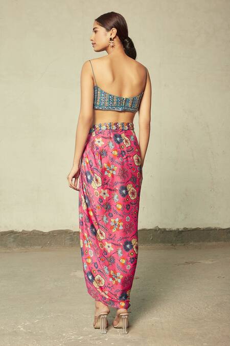 Buy Diyarajvvir Pink Georgette, Cotton Silk, Modal Floral Open Print Cape And Dhoti Skirt Set Online at Aza Fashions Buy_Diyarajvvir_Pink Georgette, Cotton Silk, Modal Floral Open Print Cape And Dhoti Skirt Set _Online_at_Aza_Fashions