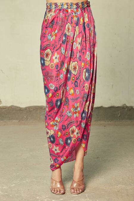 Diyarajvvir Pink Georgette, Cotton Silk, Modal Floral Open Print Cape And Dhoti Skirt Set at Aza Fashions Diyarajvvir_Pink Georgette, Cotton Silk, Modal Floral Open Print Cape And Dhoti Skirt Set _at_Aza_Fashions