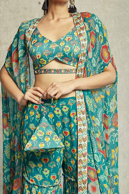 Shop_Diyarajvvir_Blue Georgette, Modal Floral Open Print Cape And Gharara Set _Online_at_Aza_Fashions