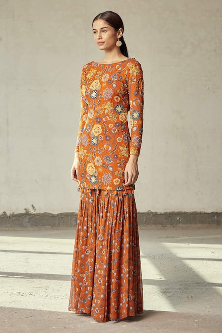 Buy_Diyarajvvir_Orange Georgette Floral Boat Print Kurta And Gharara Set _Online_at_Aza_Fashions