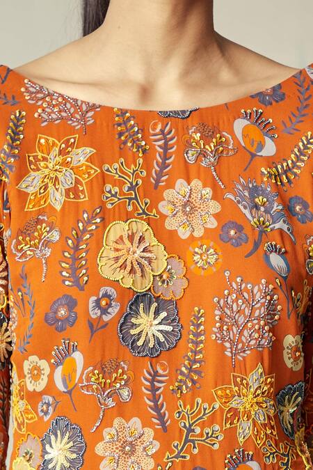 Shop_Diyarajvvir_Orange Georgette Floral Boat Print Kurta And Gharara Set _Online_at_Aza_Fashions