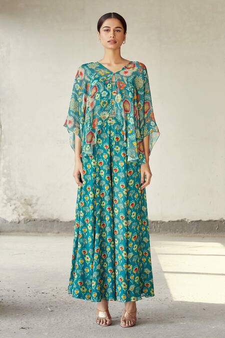 Diyarajvvir_Blue Georgette, Modal Floral V Neck Print Jumpsuit With Cape _Online_at_Aza_Fashions