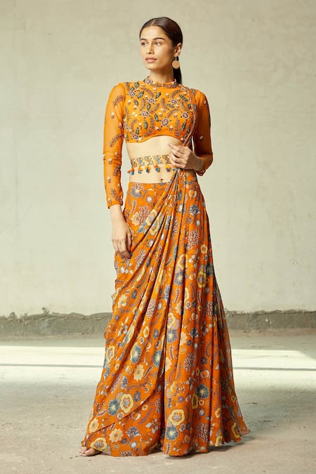 DiyaRajvvir Orange Cotton Silk Printed Floral Round Sharara Saree Set 
