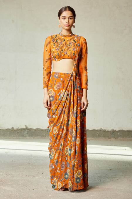 Diyarajvvir Orange Georgette, Cotton Silk Floral Round Print Sharara Saree Set Online at Aza Fashions Diyarajvvir_Orange Georgette, Cotton Silk Floral Round Print Sharara Saree Set _Online_at_Aza_Fashions