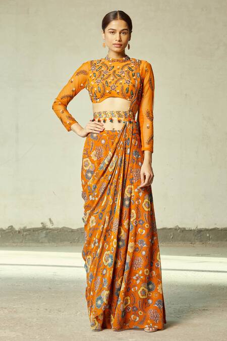Buy Diyarajvvir Orange Georgette, Cotton Silk Floral Round Print Sharara Saree Set Online at Aza Fashions Buy_Diyarajvvir_Orange Georgette, Cotton Silk Floral Round Print Sharara Saree Set _Online_at_Aza_Fashions