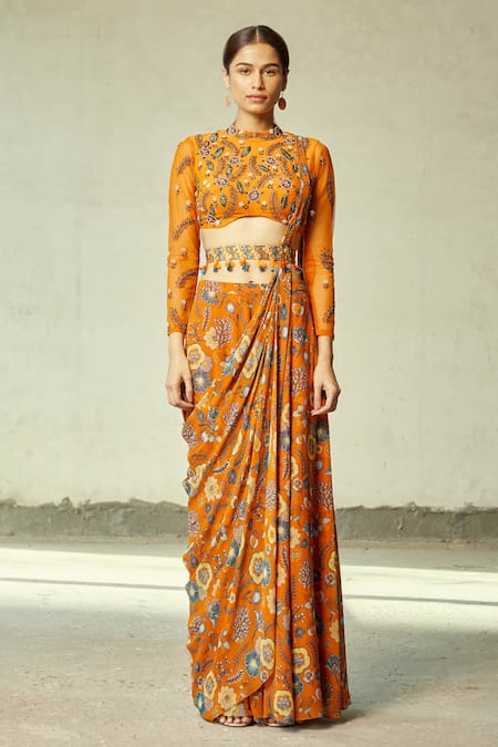 Shop Diyarajvvir Orange Georgette, Cotton Silk Floral Round Print Sharara Saree Set Online at Aza Fashions Shop_Diyarajvvir_Orange Georgette, Cotton Silk Floral Round Print Sharara Saree Set _Online_at_Aza_Fashions