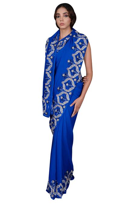 Ruar India Blue Chiffon Floral Embroidered Saree With Blouse Online at Aza Fashions Ruar India_Blue Chiffon Floral Embroidered Saree With Blouse _Online_at_Aza_Fashions