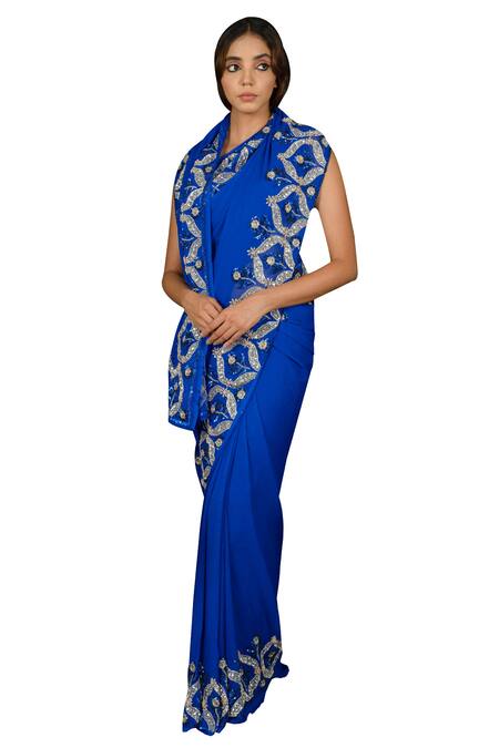 Buy Ruar India Blue Chiffon Floral Embroidered Saree With Blouse Online at Aza Fashions Buy_Ruar India_Blue Chiffon Floral Embroidered Saree With Blouse _Online_at_Aza_Fashions