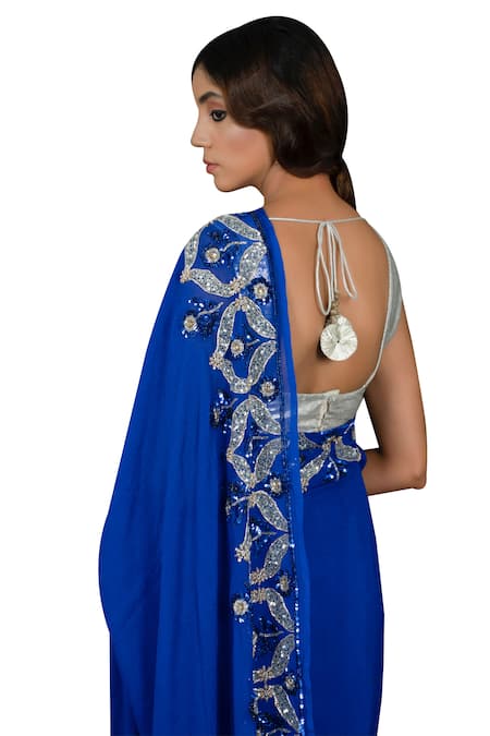 Shop Ruar India Blue Chiffon Floral Embroidered Saree With Blouse at Aza Fashions Shop_Ruar India_Blue Chiffon Floral Embroidered Saree With Blouse _at_Aza_Fashions