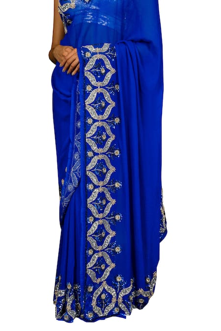 Shop Ruar India Blue Chiffon Floral Embroidered Saree With Blouse Online at Aza Fashions Shop_Ruar India_Blue Chiffon Floral Embroidered Saree With Blouse _Online_at_Aza_Fashions