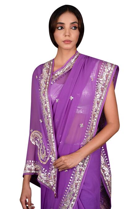 Ruar India Purple Georgette Embroidered Saree With Blouse at Aza Fashions Ruar India_Purple Georgette Embroidered Saree With Blouse _at_Aza_Fashions