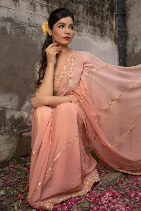 Buy_Ruar India_Peach Chiffon Gota Embroidered Saree With Blouse _Online_at_Aza_Fashions