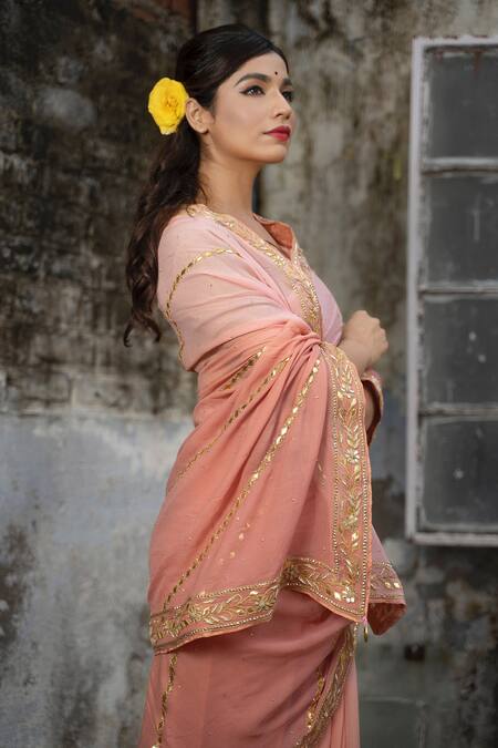 Ruar India_Peach Chiffon Gota Embroidered Saree With Blouse _at_Aza_Fashions