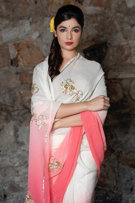 Ruar India_Pink Chiffon Embroidered Saree With Blouse _Online_at_Aza_Fashions