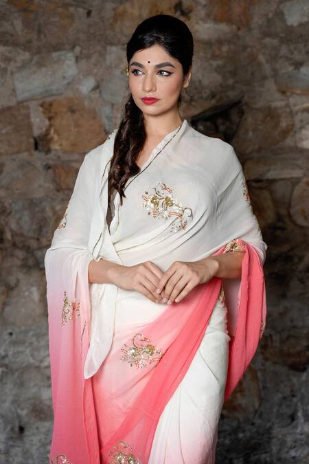 Buy_Ruar India_Pink Chiffon Embroidered Saree With Blouse _Online_at_Aza_Fashions