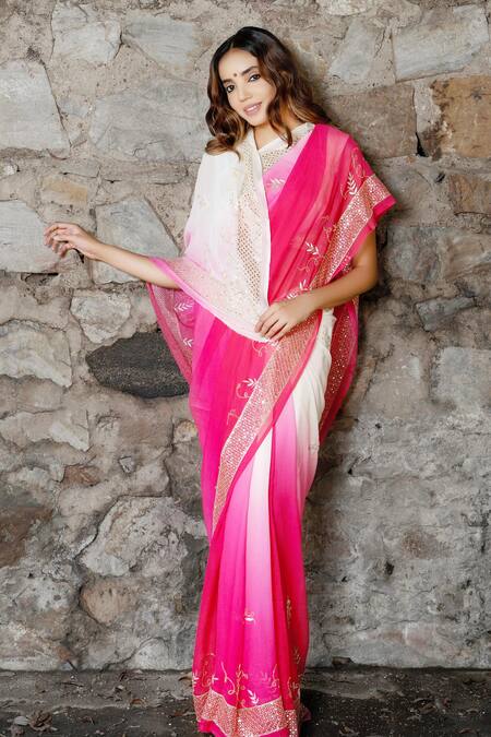 Buy_Ruar India_White Chiffon Embroidered Saree With Blouse _Online_at_Aza_Fashions