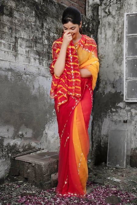 Ruar India Red Chiffon Leheriya Embroidered With Online at Aza Fashions Ruar India_Red Chiffon Leheriya Embroidered With _Online_at_Aza_Fashions