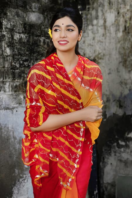 Shop_Ruar India_Red Chiffon Leheriya Embroidered With _Online_at_Aza_Fashions