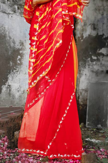 Ruar India_Red Chiffon Leheriya Embroidered With _at_Aza_Fashions