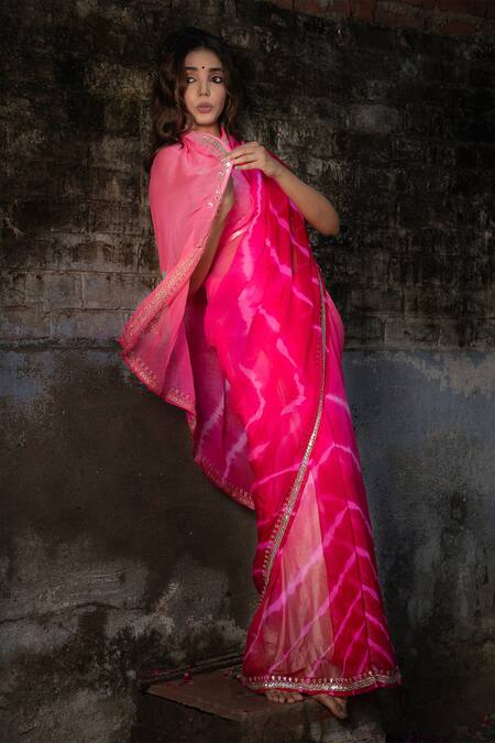 Ruar India_Pink Chiffon Leheriya Embroidered Saree With Blouse _Online_at_Aza_Fashions