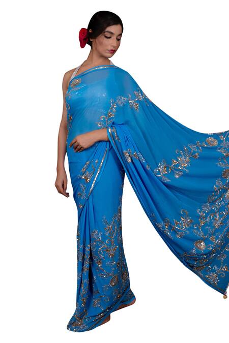 Ruar India_Blue Chiffon Embroidered Saree With Blouse _Online_at_Aza_Fashions