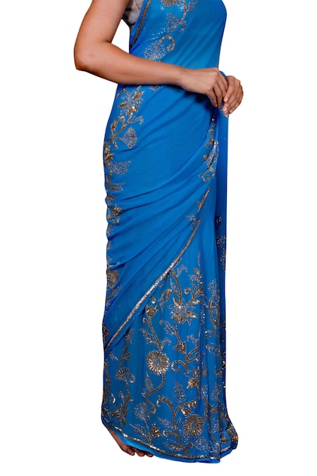 Shop_Ruar India_Blue Chiffon Embroidered Saree With Blouse _Online_at_Aza_Fashions