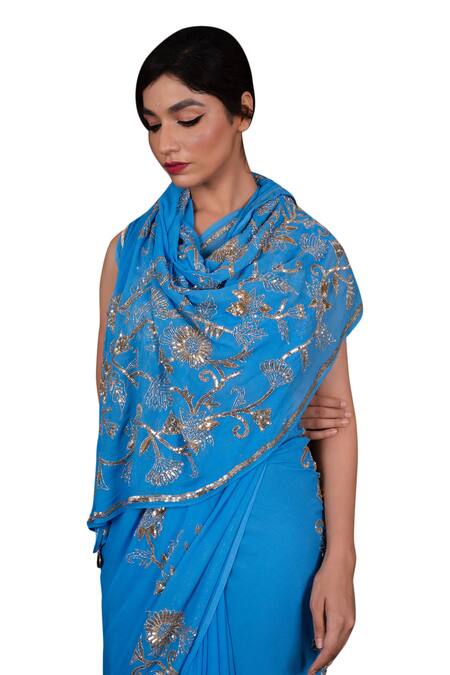 Buy_Ruar India_Blue Chiffon Embroidered Saree With Blouse _Online_at_Aza_Fashions