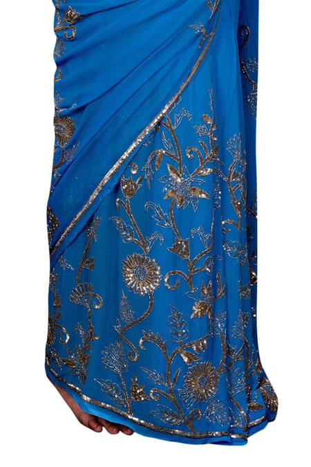 Ruar India_Blue Chiffon Embroidered Saree With Blouse _at_Aza_Fashions
