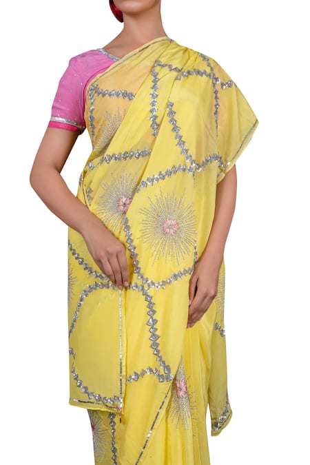 Shop Ruar India Yellow Crepe Embroidered Saree With Blouse at Aza Fashions Shop_Ruar India_Yellow Crepe Embroidered Saree With Blouse _at_Aza_Fashions