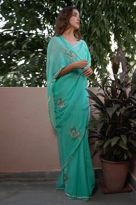 Ruar India_Green Chiffon Embroidered Saree With Blouse _Online_at_Aza_Fashions