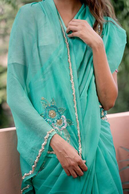 Shop_Ruar India_Green Chiffon Embroidered Saree With Blouse _Online_at_Aza_Fashions