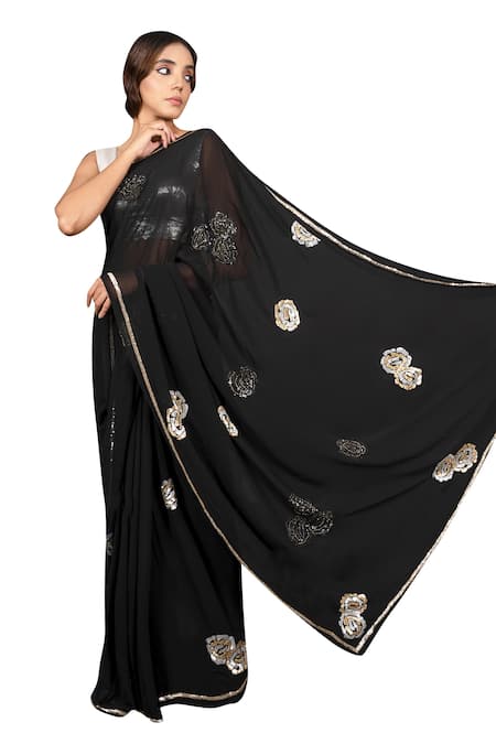 Shop Ruar India Black Chiffon Embroidered Saree With Blouse at Aza Fashions Shop_Ruar India_Black Chiffon Embroidered Saree With Blouse _at_Aza_Fashions