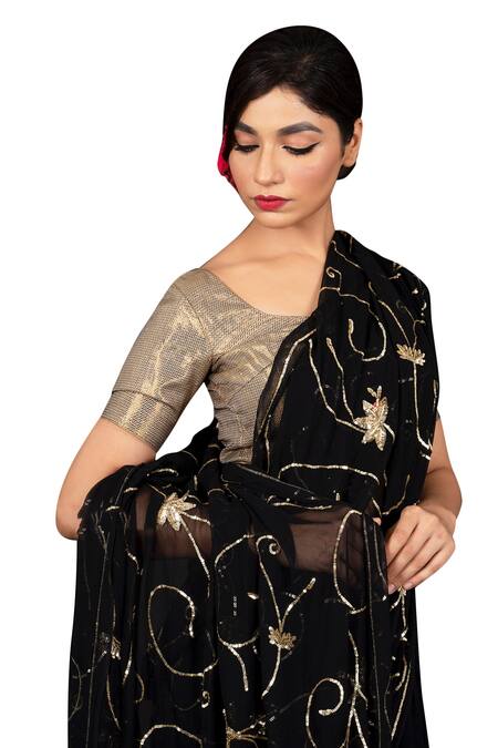 Ruar India_Black Chiffon Embroidered Saree With Blouse _Online_at_Aza_Fashions