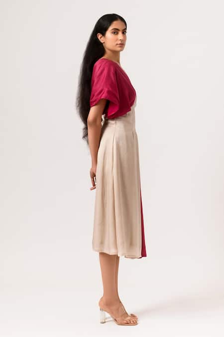 Neora By Nehal Chopra_Beige Sustainable Silk V Neck Panelled Dress _Online_at_Aza_Fashions