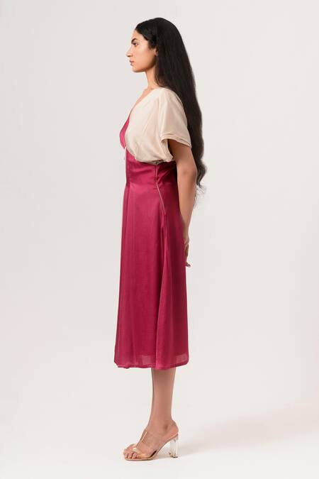 Buy_Neora By Nehal Chopra_Beige Sustainable Silk V Neck Panelled Dress _Online_at_Aza_Fashions