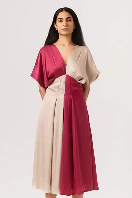 Shop_Neora By Nehal Chopra_Beige Sustainable Silk V Neck Panelled Dress _Online_at_Aza_Fashions
