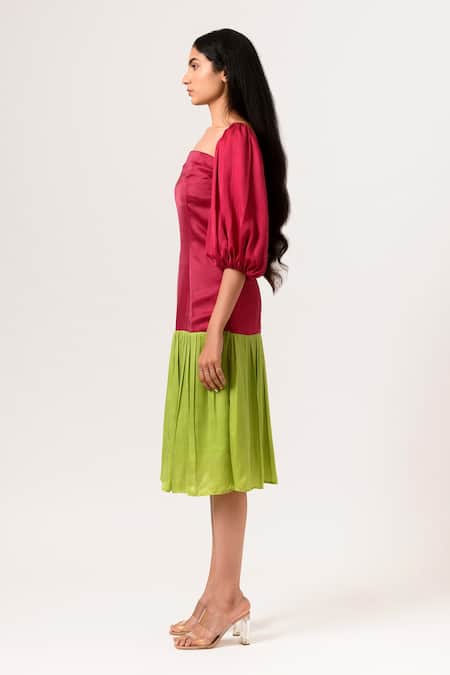 Neora By Nehal Chopra Maroon Sustainable Silk Square Neck Balloon Sleeve Dress Online at Aza Fashions Neora By Nehal Chopra_Maroon Sustainable Silk Square Neck Balloon Sleeve Dress _Online_at_Aza_Fashions