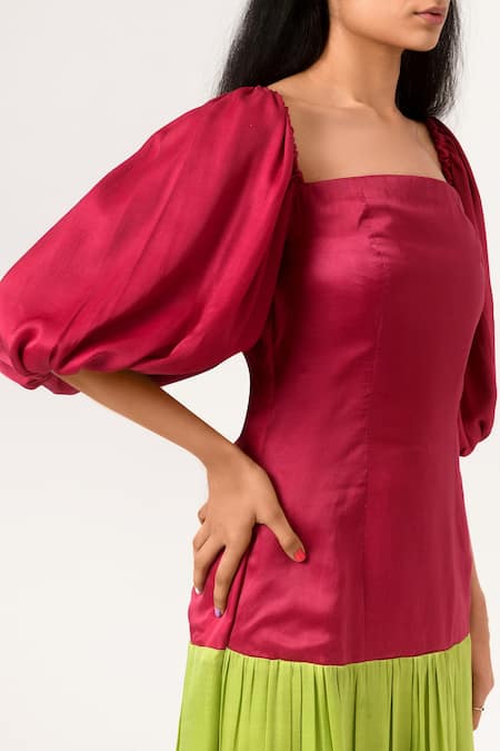 Buy Neora By Nehal Chopra Maroon Sustainable Silk Square Neck Balloon Sleeve Dress Online at Aza Fashions Buy_Neora By Nehal Chopra_Maroon Sustainable Silk Square Neck Balloon Sleeve Dress _Online_at_Aza_Fashions