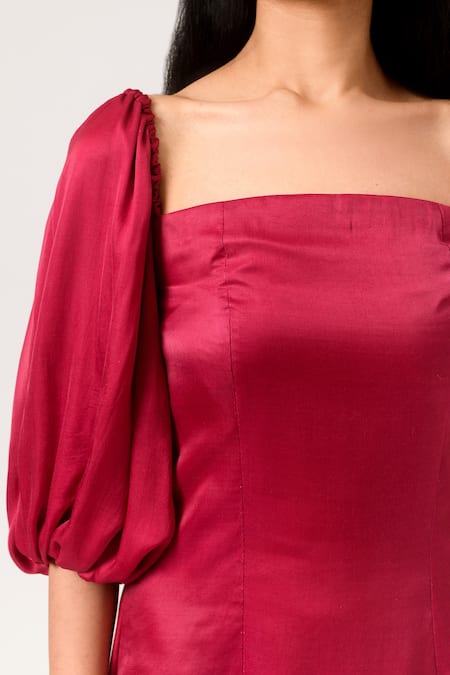 Shop Neora By Nehal Chopra Maroon Sustainable Silk Square Neck Balloon Sleeve Dress Online at Aza Fashions Shop_Neora By Nehal Chopra_Maroon Sustainable Silk Square Neck Balloon Sleeve Dress _Online_at_Aza_Fashions